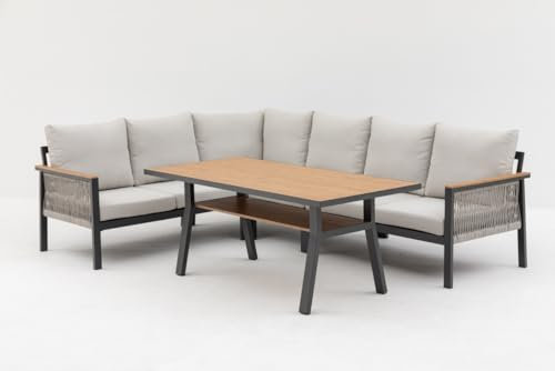 Primaster Gartenmöbel Set Kos Lounge Outdoor 6 Personen Alu Holzoptik Sitzgruppe Gartentisch beige Terrasse inkl. Kissen