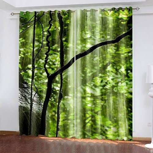 Mesnt Thermal Blackout Curtains, Polyester Fabric Vine and Green Plants Pattern Room Darkening Window Curtain Thermal Insulated, Green, 2 Panels W80 x L54