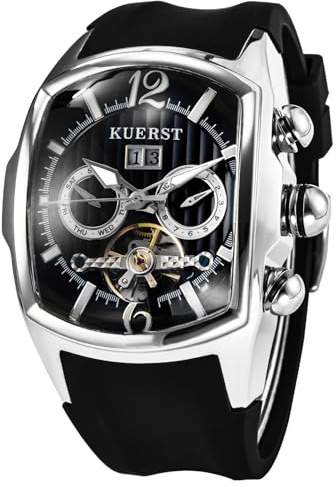 Minskolei Shield Men Automatic Watch Square Tourbillon Mechanical. Month, Date and Week Display, Stainless Steel Stylish Design Elegant Business Wristwatches (Rubber Silver Black)
