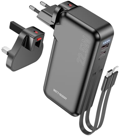 Watt Buddy 10,000mAh Power Bank & Universal Travel Adapter – 22.5W Fast Charging Portable Charger with Built-in USB-C & USB-A Cables, Removable Wall Plug, Compact External Battery for iPhone & Android