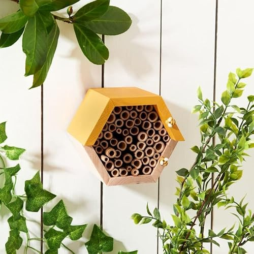 New Hexagon Bee House – Yellow Insect Hotel for Bees, Ladybirds & Lacewings | Eco-Friendly Wooden Pollinator House for Garden A-192