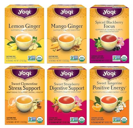 Yogi Tea - Fruity Tea Variety Sampler, 16 Tea Bags per pack (6 Packs) – Black, Green & Herbal Assorted Flavors: Sweet Clementine, Blackberry, Tangerine, Lemon, Strawberry, Mango & More
