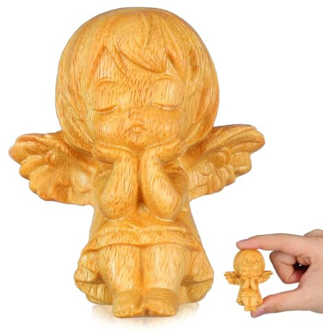 Petite Figurine d'ange Gardien en Bois Sculpté à la Main - Statue Miniature en Bois de Santal d'or 6 cm, Sculpture d'art Artisanale pour Déco Bureau, Guérison et Cadeau de Bénédiction Unique