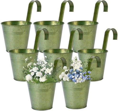 PINGEUI 8 Pack Metal Hanging Plant Pots, 13CM Vintage Hanging Flower Pots, Fence Plant Pot with Detachable Hook for Railing Balcony Fence Home Garden Decor, Green