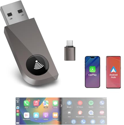 Hexinex CarPlay Android Auto Inalámbrico Adaptador 2 en 1 Plug&Play, USB C/A, Compatible con iOS 10+/Android 11+, Adecuado para vehículos Que Funcionan con CarPlay/Android Auto