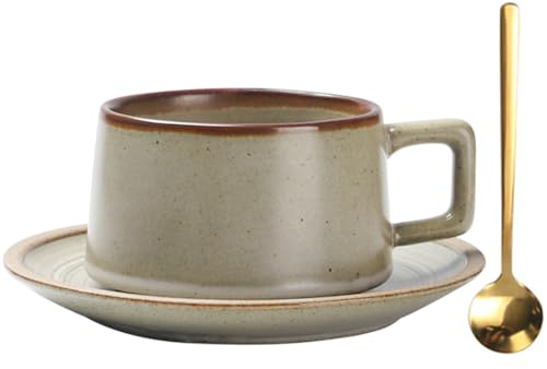 Quyimy Ceramic Coffee Cup with Saucer and Golden Spoon, Tea Cup and Saucer Set, Coffee Mug Set Porcelain Espresso, Bone China Cup for Afternoon Tea, 220ml, Warm Light Grey