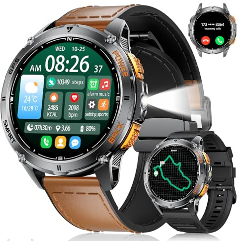 ESFOE GPS Smartwatch Herren Militär mit Telefonfunktion, LED Taschenlampe, 1,43'' HD AMOLED Fitnessuhr mit Kompass/Barometerdruck/Höhenmesser, 170+ Sportmodi, Herzfrequenz/SpO2/Schlaf für Android iOS