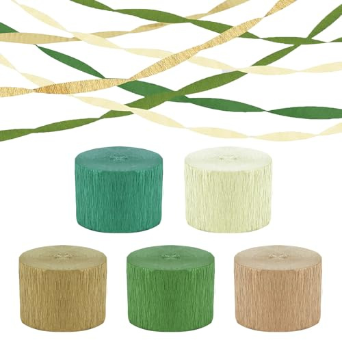 5 Rollos Serpentinas Papel Crepe Colores, Papel Pinocho Colores para decoraciones de confirmación, baby shower boho, cumpleaños, boda, fiesta (verde oliva, verde hierba, caqui, blanco, dorado)