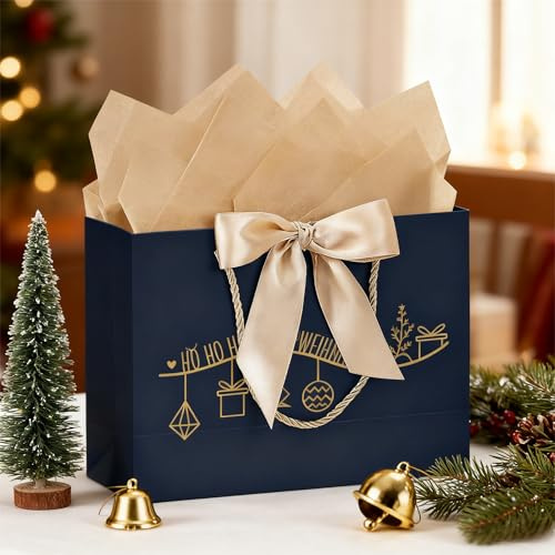 Geschenktasche zur Weihnachten Große 30 * 25 * 11CM Party Geschenktüten Papier Geschenk Tasche schwarz mit Golden Schleife Papiertüten mit Henkel Geschenkverpackung