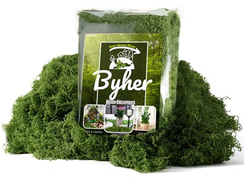 BYHER Fake Moss for Crafts – 3.5OZ Fluffy Cloudlike Artificial Moss for Potted Plant Indoor & Fairy Gardens – Realistic Green Moss Alternative for Terrariums, Dioramas, Model Scenes (Dark Green)