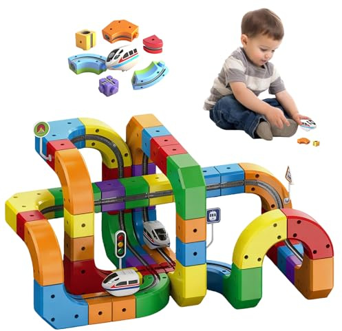 Clickrail Kit de train électrique Piste de course flexible, Blocs de construction de rails magiques avec configurations 3D défiant la gravité, Blocs magnétiques et train motorisé, Cadeaux de jouets