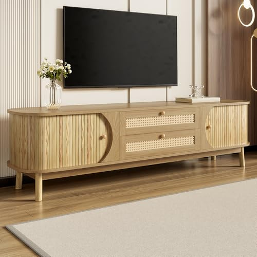 Gxffipw TV Schrank Lowboard Länge 170 cm für Fernseher bis zu 70 Zoll, Fernsehschrank TV Board mit Türen und Schubladen, Wohnzimmerschrank mit Rattan-Design, Wohnzimmer Möbel, Naturfarbe
