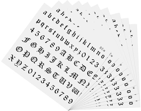 DOPENSPI Lot de 10 feuilles de tatouages temporaires gothiques - Faux tatouages alphabet - Petites lettres anglaises - Chiffres - Tatouage temporaire pour femmes et hommes - Doigts, cou, corps