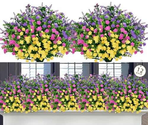 12 Bündel Kunstblumen wie Echt Lila Künstliche Blumen Balkon Outdoor Deko | Wetterfest Lila Petunien im Freien Fake Blumenstrauß Seidenblume Petunien Balkonblumen Blumenkasten Deko