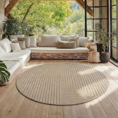 HomebyHome Kurzflor Teppich Rund 120 cm Beige, 3D Hoch Tief Effekt, Skandinavisch Boho Motiv, Balkon Terrasse Teppich, Indoor Outdoor Pflegeleicht