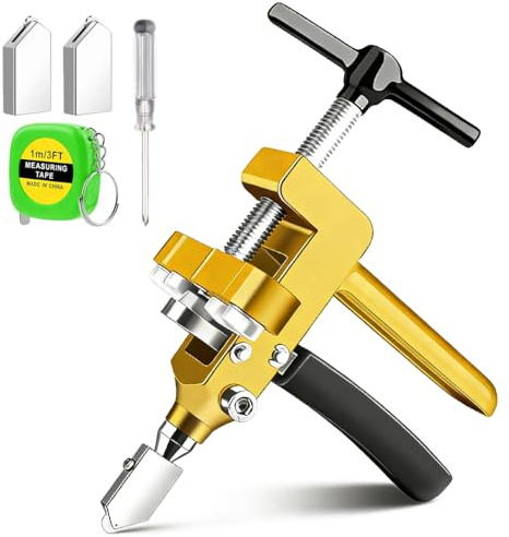 Cortador Manual de Azulejos y Cristal 2 en 1, Herramienta para Vidrio y Baldosas con Pinza de Separacion, Mango en T, Cabezales de Repuesto, Destornillador y Mini Metro