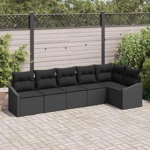 RCODSSK Garten Sofa Set 6-teilig aus Poly Rattan in Schwarz mit Kissen und höhenverstellbarem Tisch für die Terrasse, 6-teiliges Rattan Sofa Set als Gartenmöbel
