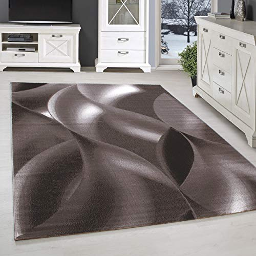 SIMPEX Teppich 200x290 cm Braun Kurzflor Abstrakt Wellen Design Moderner Teppich für Wohnzimmer Schlafzimmer Flur Küche Esszimmer Kinderzimmer Pflegeleicht Weich