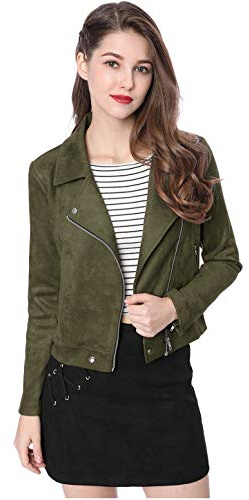 Allegra K - Chaqueta corta de moto, ante sintético con cremallera para mujer Verde verde oliva M