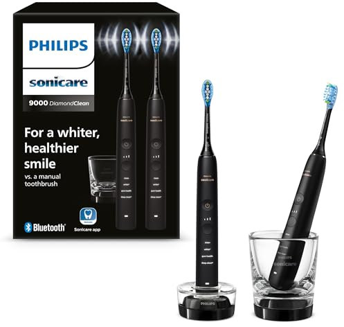Philips Sonicare DiamondClean 9000 elektrische Zahnbürste, Schallzahnbürste mit App, Andruckkontrolle, 4 Putzmodi, 3 Intensitätsstufen, Ladeglas, Schwarz, Zweierpack, HX9914/54