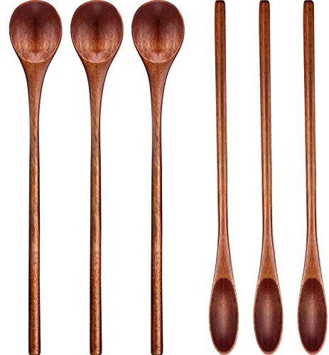 Patelai 6 Pieces Wooden Coffee Spoons Long Handle Mixing Wooden Spoon Handmade Stirring Teaspoon for Kitchen Stirring