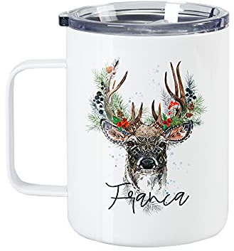 GRAZDesign Thermobecher mit Henkel mit Deckel, Thermotasse Kaffee To Go, personalisiert mit Namen, Hirsch feel free, Metallbecher für Camper Garten, Edelstahl 350ml