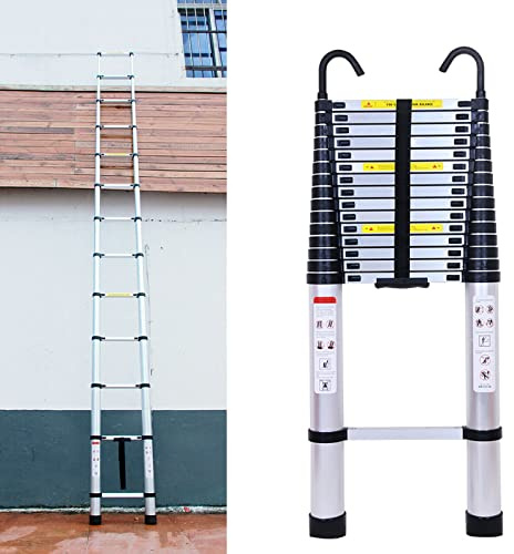 Rigogo Échelle télescopique Extensible de 4,4 m avec 2 Crochets, loft Robuste, Marche Multi-usages 15 échelons, Charge maximale 150 kg EN131, Argent,