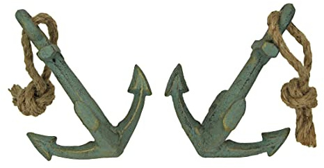 Set of 2 Verdigris Green Finish Cast Iron Boat Anchor Decorative Bookends - Nautical Sculptures for Stylish Home Decor - 4.75 Inches High - Seafaring Elegance
