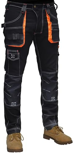 HASHOOB TRADING FZE Men’s Work Trousers Heavy Duty Cargo Combat Work Pant Multi Pockets Knee Pad Cordura Protection Pockets (BLACK2, 36W X 30L)