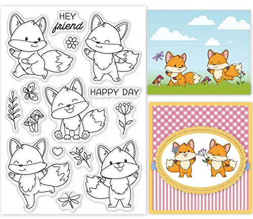 GLOBLELAND Happy Fox Clear Stamps Blumen Schmetterlingsblätter Silikon Klare Stempelsiegel für Karten, Die DIY Scrapbooking Fotojournal Album Dekoration Machen