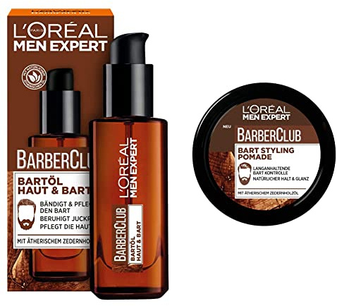 L'Oréal Men Expert Bartöl mit Zedernholzöl, Barber Club, 1 x 30 ml & L'Oréal Paris Men Expert Bart Pomade und Haarwachs, Natürliches Finish, Barber Club Bart & Haar Styling Pomade, 1 x 75 ml