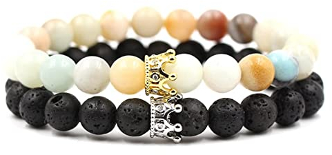 Aotiwe 2 Stück Bracelet for Men, Armband Perlen Klein 8mm Tigerauge Lavastein Krone Armband Schwarz Bunt Edelstahl 19cm