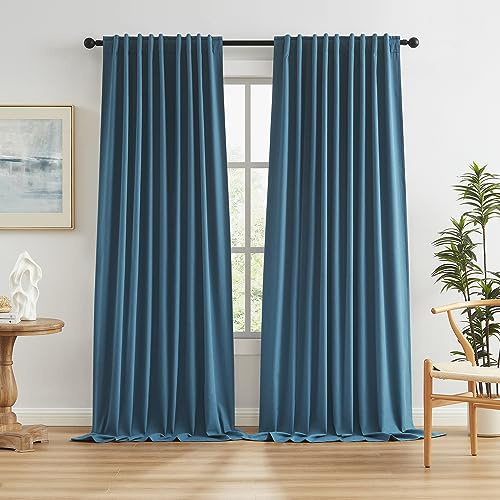 KEQIAOSUOCAI Flax Linen Textured Blackout Curtains 72 Inch Wide x 96 Inch Long(6 ft x 8 ft),Back Tab Loop Pocket Pleated Vertical Drapes 2 Panels for Office Bedroom Patio Door, Blue Denim