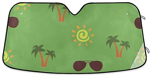 Sonnenschutz, Motiv: Palmen, Brille, Sonnenschutz, Windschutzscheibe, Regenschirm, faltbar, UV-Visier, hält das Fahrzeug kühl, Frontscheibenabdeckung für SUV, Jeep, LKW, 144,8 x 80 cm (groß)