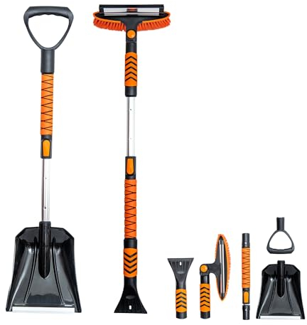 KOKKING Kit 4 in 1 Pala da Neve Estensibile Spazzola da Neve Rotante 180° con Raschietti Ghiaccio & Spazzole da Neve con Impugnatura in Schiuma per Auto, Camion, SUV e Veicoli (Arancione)