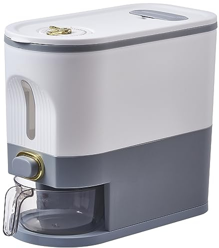 Sooyee 11 Lbs Rice Container, Large Grain Container Storage with Lid Measuring Cylinder Moisture Proof Household Cereal Dispenser Bucket for Kitchen Soybean Corn,White and Grey