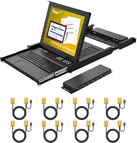 Yinker Consola KVM LCD de 17 pulgadas, 8 puertos, VGA, montaje en rack, conmutador KVM, 8 puertos, para armario estándar 1HE de 19 pulgadas, 600 mm - 800 mm, Touchpad Hotkey OSD