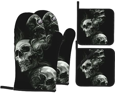 LAMAME Ofenhandschuhe und Topflappen mit Totenkopf-Motiv, hitzebeständig, Schwarz und Weiß