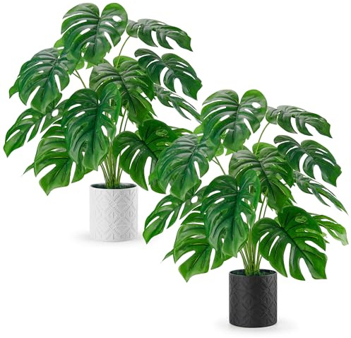 Der Rose 2 Stück Monstera Kunstpflanzen 70cm in Boho Töpfen für Bad Deko | Zwei Monstera in schwarz weißen Boho Töpfen weiche Real Touch Blätter und formbare Zweige für Wohnzimmer Büro und flur