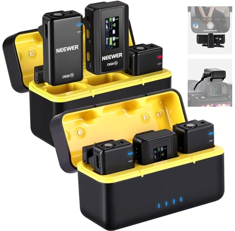 NEEWER CM28 Micrófono Solapa Inalámbrico Profesional Sistema con Estuche Carga,Reducir Ruido de 1 Clic, Almacenamiento 4GB，Reproducción 9H, Micrófono Compatible con iPhone/Android/PC/Cámara,2 Packs