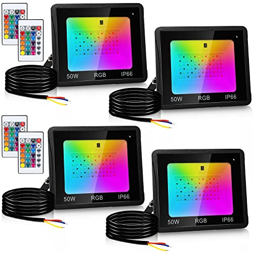Yakimz 4Stück 50W RGB Strahler Farbwechsel, LED Außen Fluter Farbig Scheinwerfer mit Fernbedienung, 16 Farben 4 Modi IP66 Wasserdicht Außenstrahler Memoryfunktion für Garten Garage Baum Hochzeit