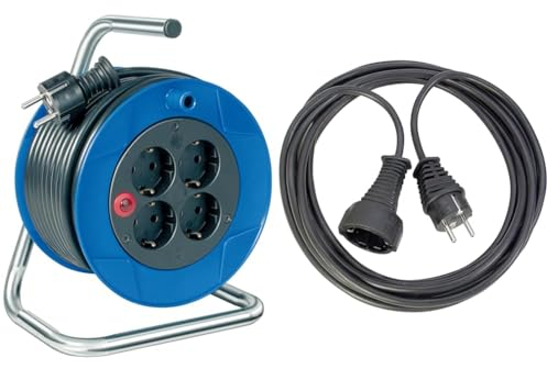 Brennenstuhl Garant Kompakt Indoor-Kabeltrommel mit 4 Steckdosen & 15m Kabellänge (schwarz) mit Überhitzungsschutz & erhöhtem Berührungsschutz & Schutzkontakt-Stecker & Kupplung aus Kunststoff