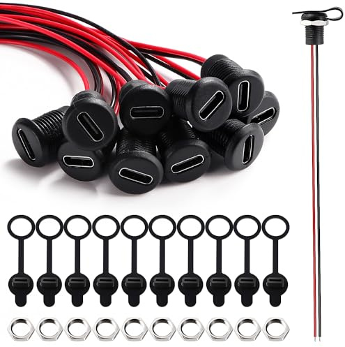 KUOQIY Lot de 10 prises USB-C femelles pour montage sur panneau, 3 A, 2 broches, 2 fils d'installation de type C, prise USB C ronde avec fils 24 AWG de 150 mm, avec capuchons anti-poussière et écrous