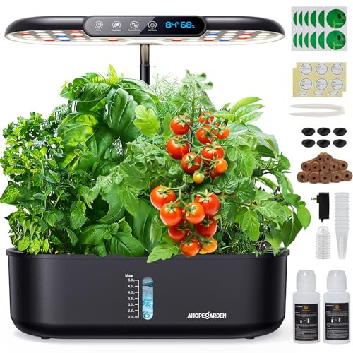 Ahopegarden Kit sistema di coltivazione idroponica: 12 cialde da giardino con rilevamento ambientale intelligente, luce LED crescente, display LCD, fioriera idroponica per verdure, erbe, lattuga