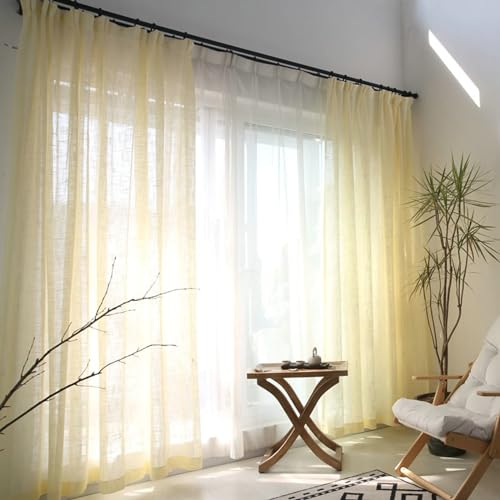 Gualiy Vorhänge Wohnzimmer Lichtdurchlässig, Gardinen Vorhang 2er Set Haken 137x244CM Einfarbig Vorhänge Beige Gelb Vorhang für Innen
