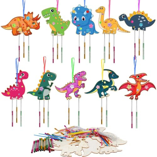 wenrescry Dinosaurier Windspiel Bastelset Kinder – 10-teiliges DIY Holz Bastelset mit Pinseln & Edelstein-Aufklebern, Kreativset für Kindergeburtstag, Kindergarten & Bastelprojekte