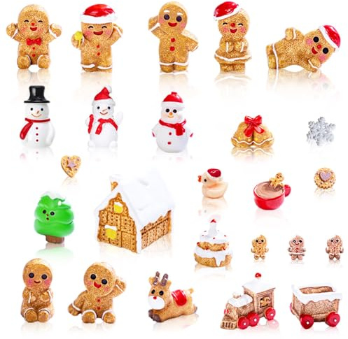 AWEELON 30 Pcs Mini Christmas Figures - Gingerbread Man, Resin Snowman, Fairy Garden & Snow Globe Decor