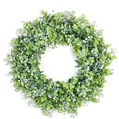 UXORSN Artificial Eucalyptus Wreaths for Front Door 20 Inch Artificial Green Leaves Wreath with White Flowers Welcome Wreath Fake Greenery Hanging Garland for Outdoor Window Wall Porch Fireplace Decor