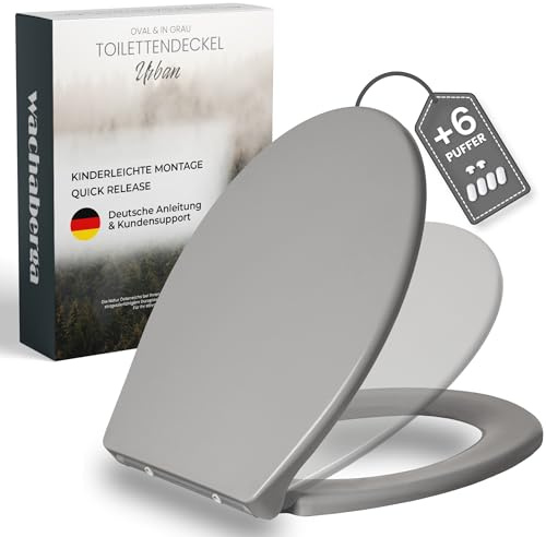 Toilettendeckel mit Absenkautomatik Grau - WC Sitz Oval mit Edelstahl Scharniere für sehr festen Halt - Klodeckel Manhattan Grau aus langlebigem Urea-Duroplast - inkl. 2 Montage-Sets & 6 Extra-Puffer