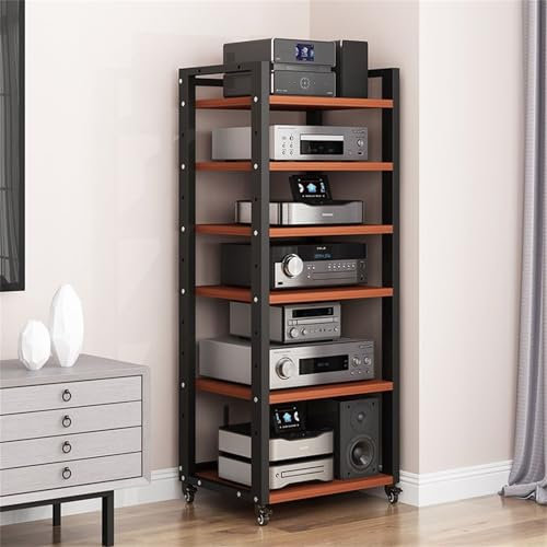 Generisch Stereo-Ständer, Audio-Rack, Audio-Video-Regal, Plattenspieler-Ständer, AV-Medienständer, Stereo-Schrank mit Rädern, 5/6/7/8-stufiges verstellbares Stereo-Rack für Home-Office-Kino, Walnuss,